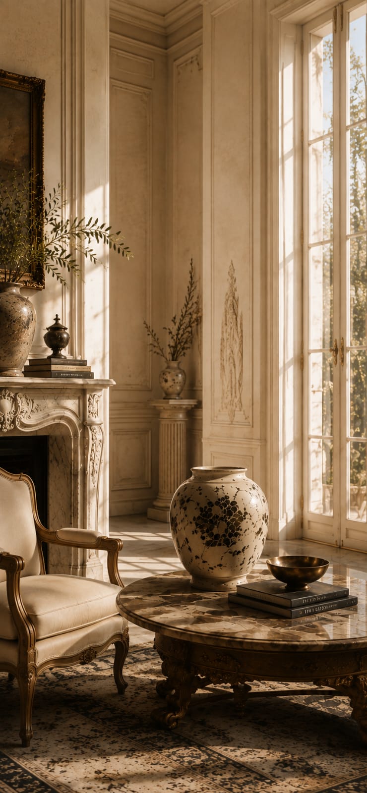 A sunlit salon with a marble fireplace, gilt armchair and a hand-glazed urn